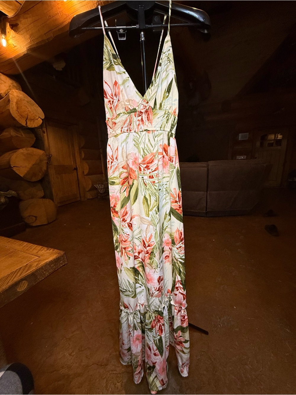 Blashe Tropical Floral Maxi Dress M Open Back Smocked Boho Beach Resort
